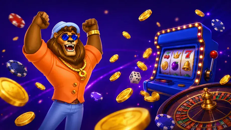 Nine Casino lion mascot with slots and roulette illustration